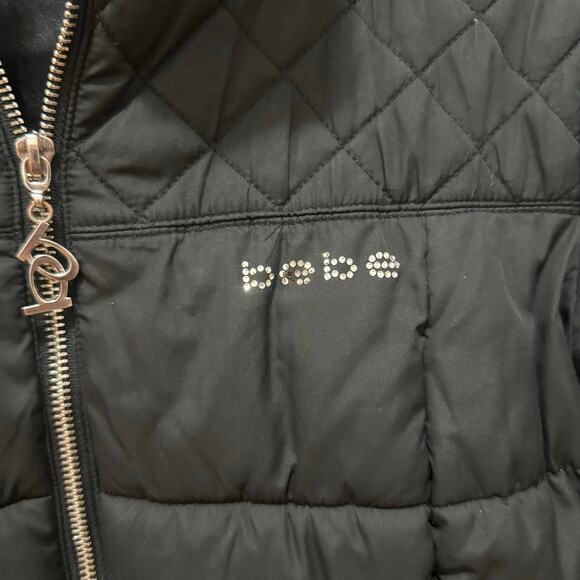 Y2K Bebe size medium black cropped puffer jacket missing fur Rhinestone logo - Picture 10 of 15